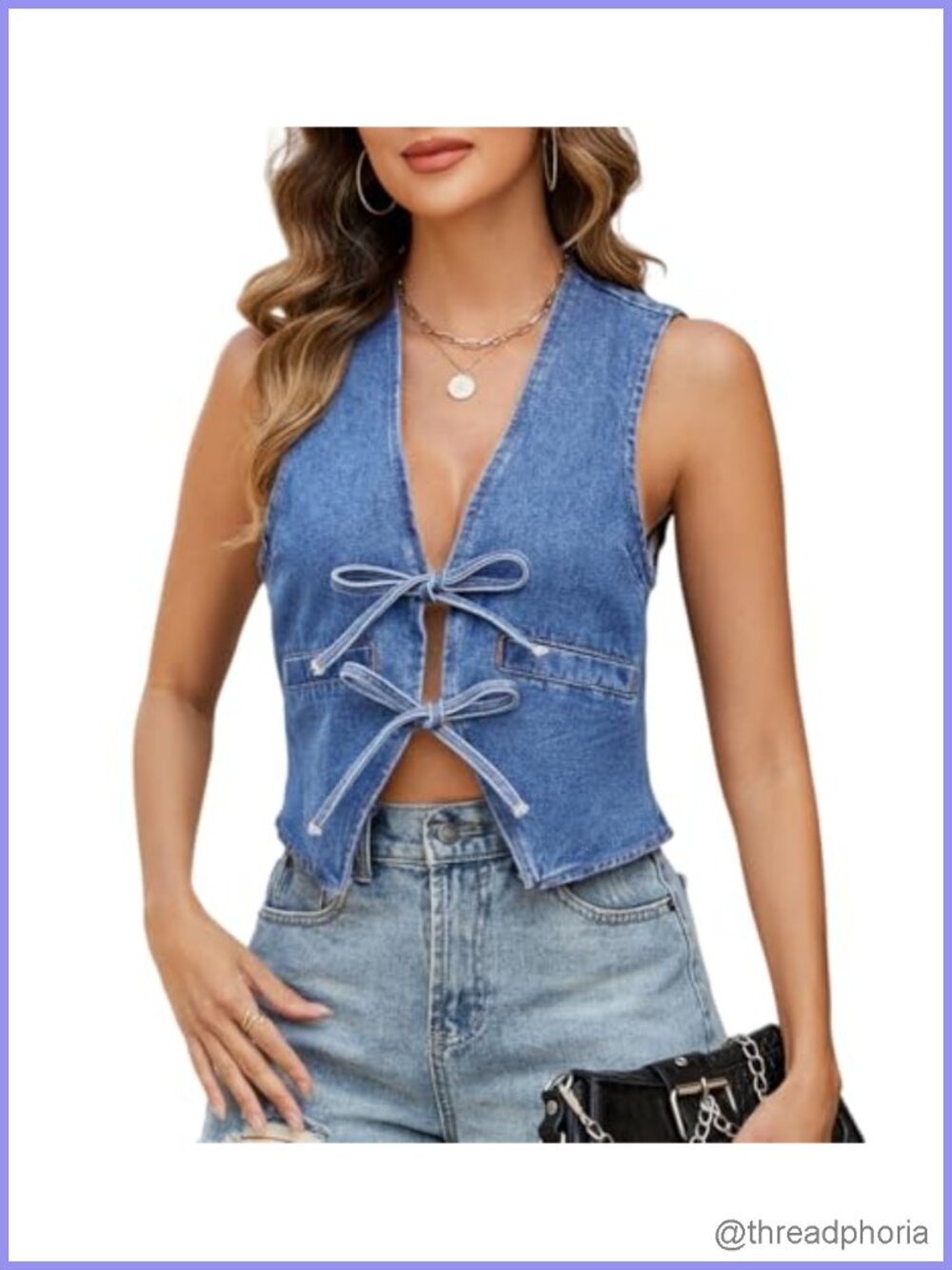 Sleeveless Denim Vest with Bow Tie Front